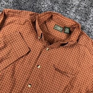L.L. Bean Shirt Mens LT Orange Check 100% Cotton Long Sleeve Button Up Casual